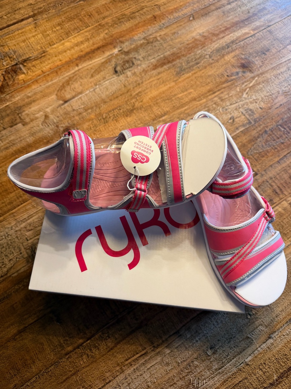 NWT Ryka “breeze” sandals size 6.5 in pink and grey super comfortable sandals